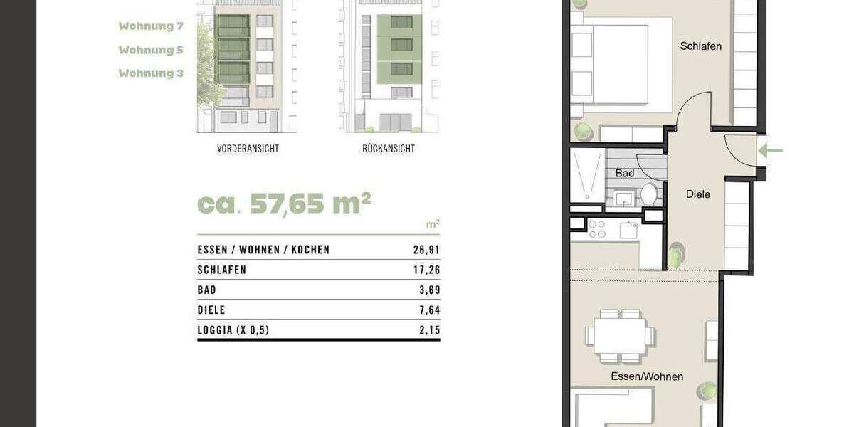 Etagenwohnung Köln Innenstadt - 2 Zimmer, 58 m&sup2;, 399.900&euro; | Angebot:26975168