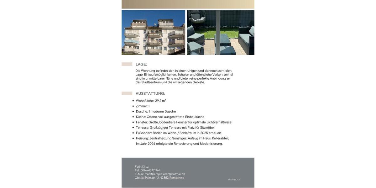 Erdgeschoßwohnung Remscheid - 1 Zimmer, 29 m&sup2;, 129.000&euro; | Angebot:27472256